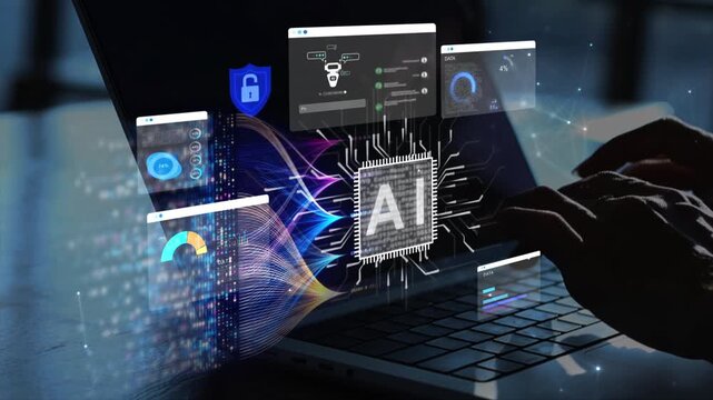 woman analyst uses a computer AI artificial intelligence and dashboard for data business analysis and Data Management System with KPI and metrics connected to the database for technology finance,