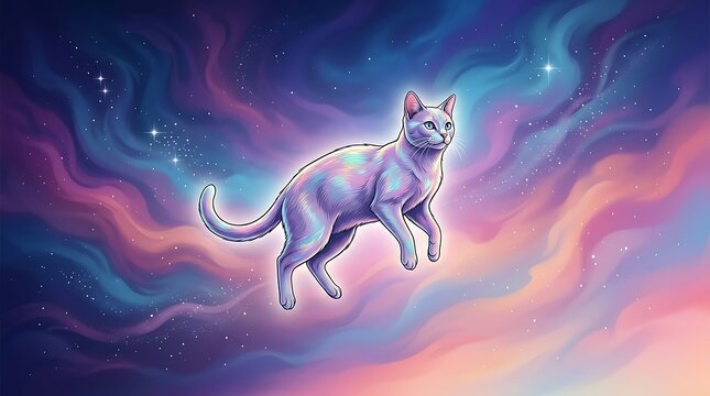 Luminous cat drifting in a vibrant galaxy nebula of purple and pink