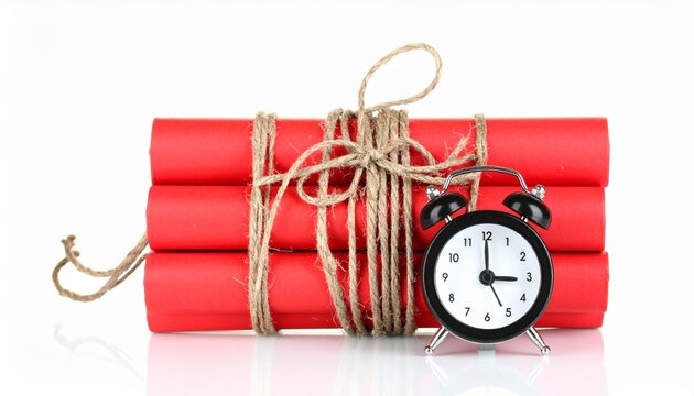 Three red dynamite sticks tied with rope, black alarm clock attached, symbolizing countdown urgency.