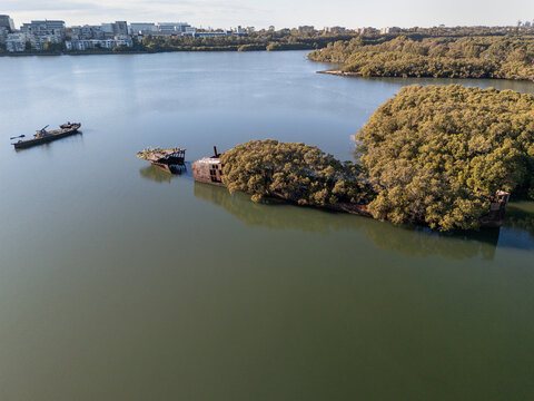 Shipwreck with forest growing out of its rusty hull on sunny day from aerial view. Wreck in located in Homebush Bay, Parramatta river, Sydney Australia.
