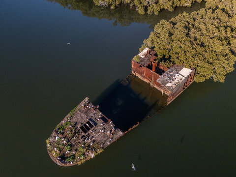 Shipwreck with forest growing out of its rusty hull on sunny day from aerial view, stern detail. Wreck in located in Homebush Bay, Parramatta river, Sydney Australia.
