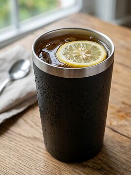 Iced tea with lemon in a black insulated tumbler on a wooden table