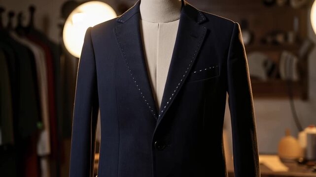 Slow dolly tracking shot of mannequins displaying unfinished and finished suit jackets in tailor workshop studio with warm lighting and detailed craftsmanship