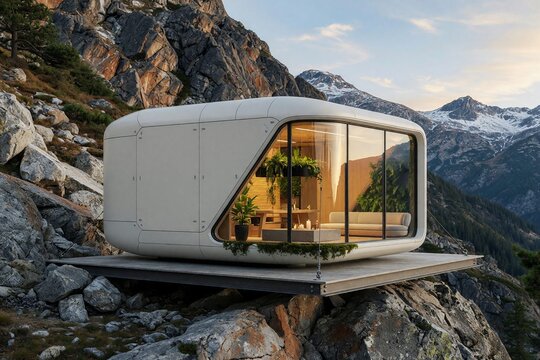 Futuristische modulare Wohnkapsel in einsamer Natur, Architektur