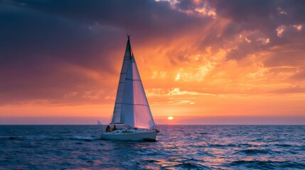 Fototapeta premium Sailboat sailing on ocean at stunning sunset