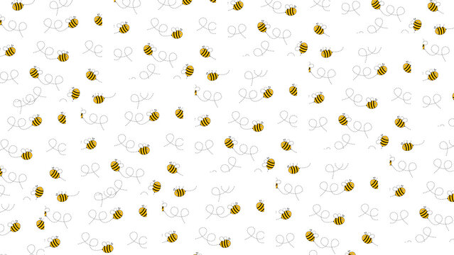Whimsical seamless pattern featuring numerous charming cartoon bees in active flight with intricate swirling trails on a pristine white background, creating a cheerful and playful design