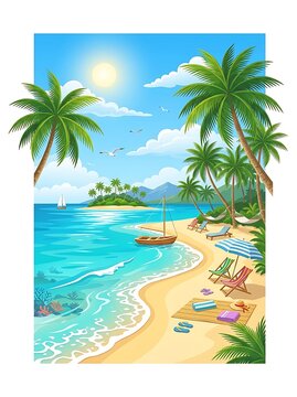 Tropical beach with palm trees and turquoise ocean water under sun