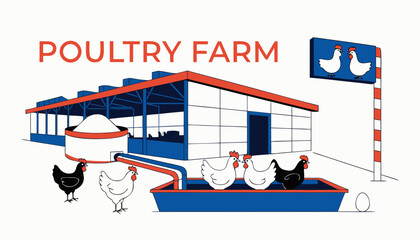 Very beautiful realistic vector illustration of a poultry farm featuring chickens, modern poultry house, feeding area, and a bold label reading "POULTRY FARM", isolated on white background. © williamnoah