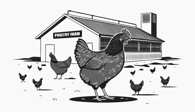 Very beautiful black and white realistic vector illustration of a poultry farm featuring chickens and poultry house with a bold label reading "POULTRY FARM", engraved linework, isolated on white backg