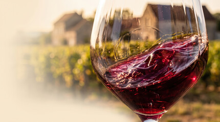 Obraz premium Pinot noir wine glass vineyard red swirl sunset estate elegant drink reflection blur grape field rustic house and warm light