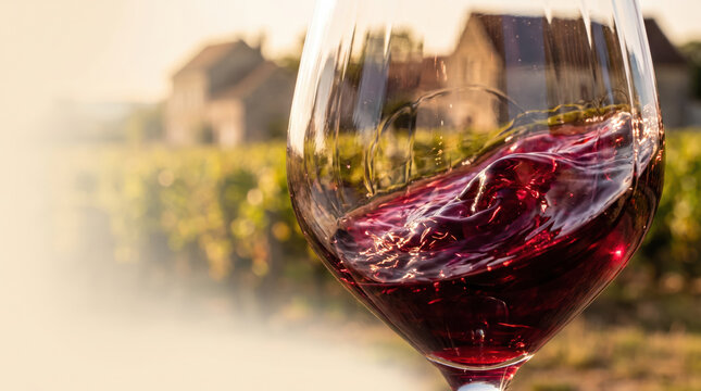 Pinot noir wine glass vineyard red swirl sunset estate elegant drink reflection blur grape field rustic house and warm light