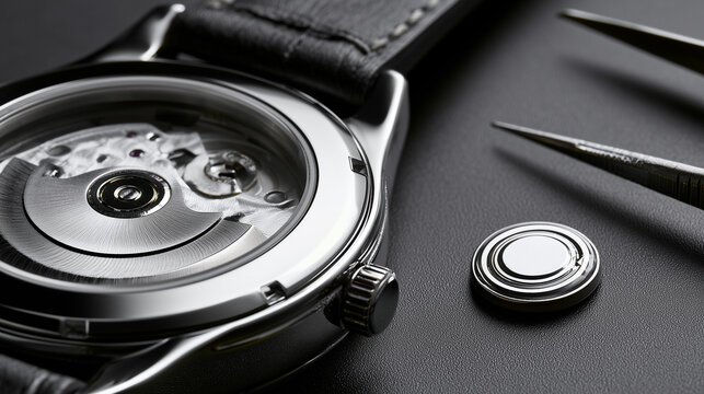 Luxury Wristwatch Maintenance with Precision Tweezers and Replacement Battery Close-up of a luxury wristwatch during battery replacement, precision tweezers positioned beside a but