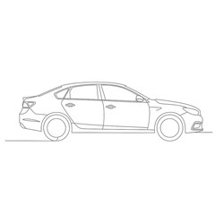 Fototapeta premium Modern sedan car continuous one line drawing. Minimalist automobile sketch. Generic passenger vehicle outline illustration.