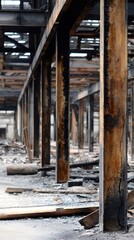 Fototapeta premium Charred Industrial Building Interior: Fire Damaged Metal Structure and Debris