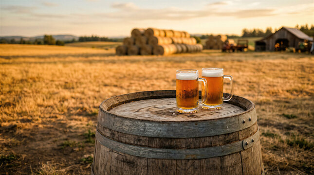 Two glass mugs of cold lager beer standing on a wooden barrel in an agricultural field. Rural sunset scene showing craft brewery concept, beverage production and harvest celebration.