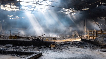 Fototapeta premium Dramatic Aftermath of Warehouse Fire: Sunlit Smoke and Charred Debris