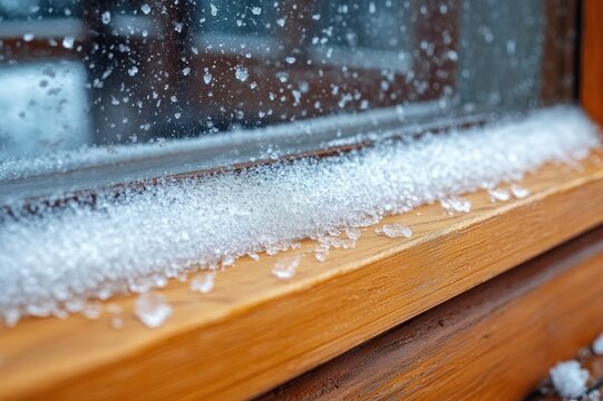 close-up of frosty snow and ice crystals on a wooden windowsill with water droplets on cold glass, quiet chilly winter mood