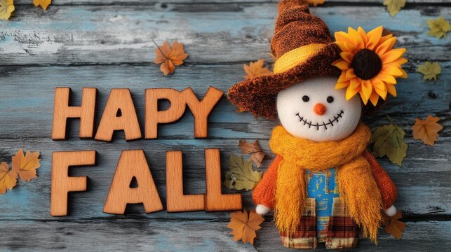 cozy autumn scene with smiling plush scarecrow wearing sunflower hat and orange scarf beside wooden letters spelling HAPY FALL on rustic blue wood with scattered leaves
