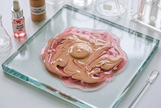 Macro close up background texture layout of swirling liquid foundation makeup cream paste mixed with a pink clay skincare product on a transparent glass tray surface.