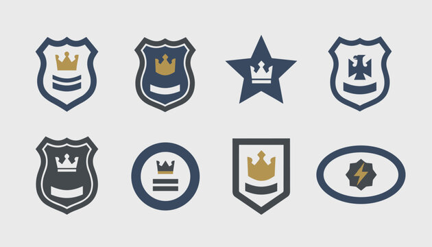 Set of security crest shields and star seals with golden crowns and lightning bolts depicted in elegant flat vector style.