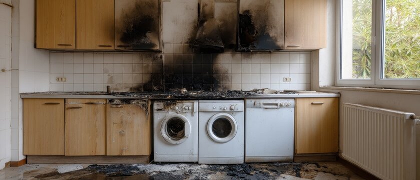 Severely fire-damaged kitchen showing burnt cabinets, scorched walls, and destroyed appliances. Aftermath of a house fire, requiring extensive renovation and property restoration.