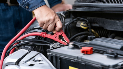 Fototapeta premium Person connecting jumper cables to a dead car battery, roadside vehicle assistance, emergency repair, automotive maintenance, electrical troubleshooting and battery charging concep