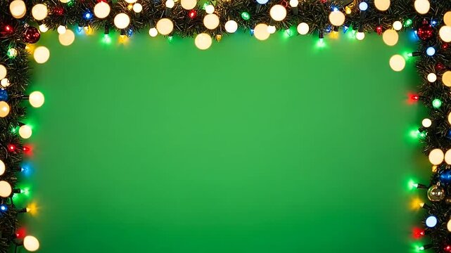 A festive green background framed by glowing holiday lights and decorative pine branches