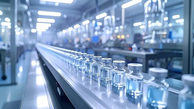 Glass vials move along a sterile automated conveyor belt in a modern pharmaceutical manufacturing facility