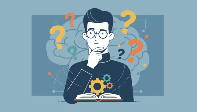 Confused young man thinking with question marks, gear icons, and a large brain outline above him, representing problem solving.