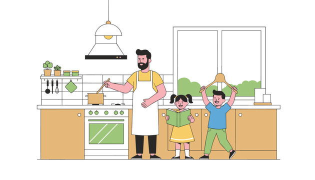 Happy father wearing an apron cooks healthy food in a modern kitchen while his children read a book and play with kitchen utensils.