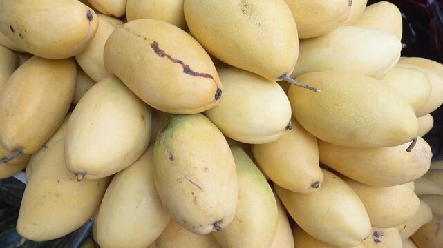 Close-up of fresh red and yellow mangoes piled at a local market stall. Symbolizes tropical agriculture, healthy eating, and summer harvest. Ideal for raw superfood, healthy diets, and health concept