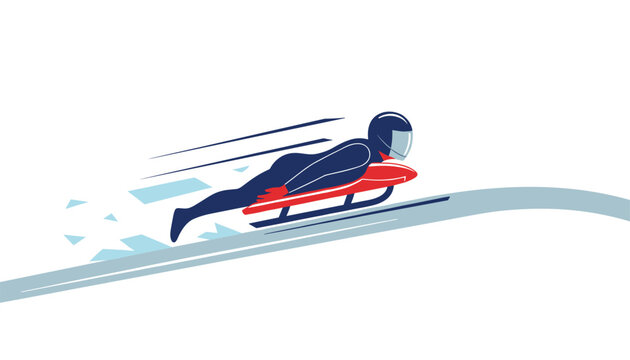 Athlete racing down a steep icy track on a red skeleton sled is captured in a dynamic winter sport illustration.