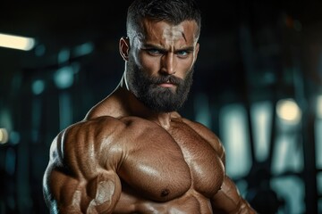Fototapeta premium Shirtless muscular bodybuilder with blurred face flexing chest and arms in dimly lit gym, intense confident pose
