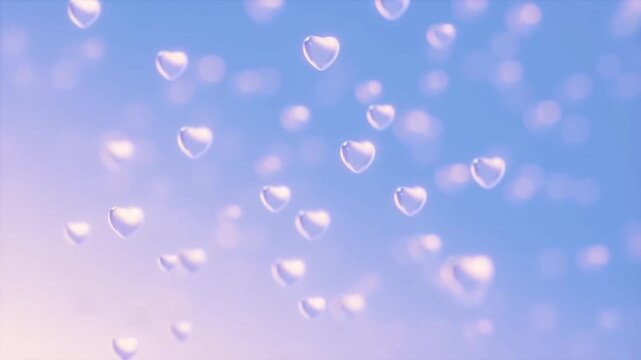 Floating 3d heart shapes on soft pastel gradient background with video heart bubbles floating gently against pastel purple blue background