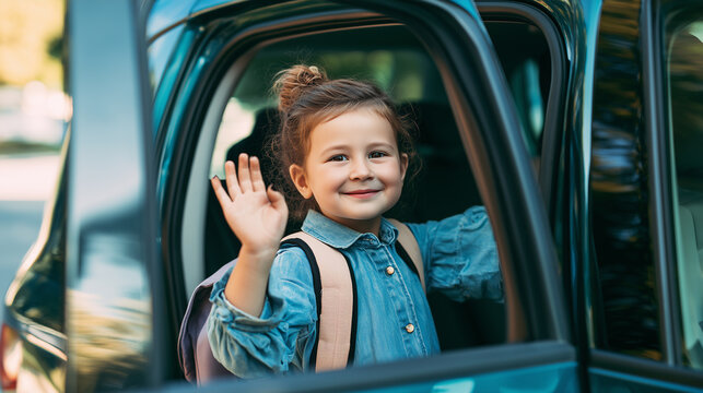 Young Student Waving Goodbye, Back to School Concept, Girl Leaving Car for School with Backpack, Happy Child Starting Morning Commute, Education, Family Routine, School Life and Ch