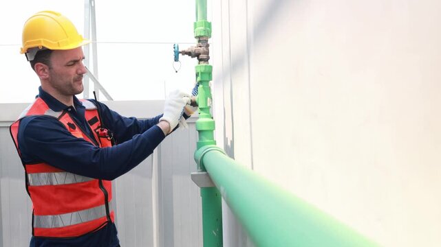 Male technician inspects the coolant inlet and outlet pipes of the cooling tower checks the flange connections and reports walkie talkie engine room while testing the cooling system.