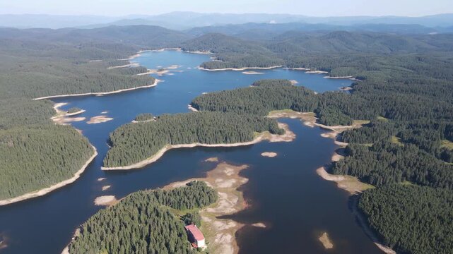 Aerial view of Shiroka polyana (Wide meadow) Reservoir, Pazardzhik Region, Bulgaria