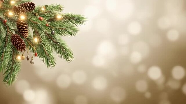 Festive Christmas pine branches with lights and pine cones