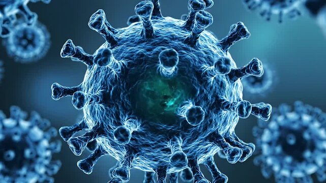Abstract Blue Virus Microorganism Cells Floating Against Dark Blue Background 3D Render Illustration