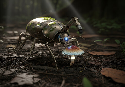 Intricate mechanical beetle robot exploring a glowing mushroom in a dark forest, isolated on transparent background for creative design projects.