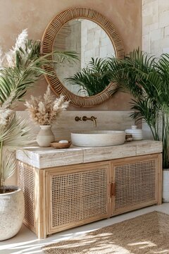 Boho bathroom vanity featuring warm terracotta limewash, round mirror, and lush greenery, complemented by natural wood and stone elements in a stylish interior setting