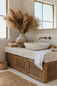 Boho bathroom vanity featuring a warm rattan wrapped cabinet, stone sink, decorative vase with dried grass, and natural light from large windows