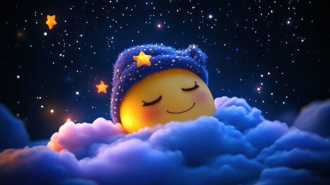 Smiling sleeping face in a blue starry nightcap nestled in soft fluffy clouds under twinkling stars, peaceful dreamy bedtime scene