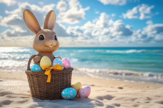 cheerful rabbit in a wicker basket with colorful decorated easter eggs on a sunny sandy beach with turquoise ocean and fluffy clouds