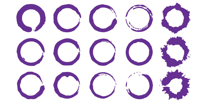 Set of purple ink brush circles and hand drawn ring shapes for creative design elements