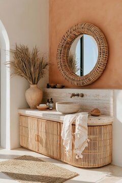 Boho bathroom vanity featuring warm terracotta limewash wall, natural materials, round mirror, and decorative vase with dried plants in a stylish interior setting