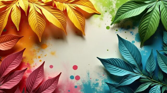 Colorful leaves on a textured background with splash paint and copy space