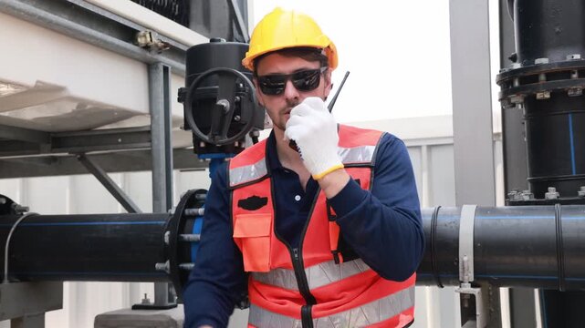 Male technician inspects the coolant inlet and outlet pipes of the cooling tower checks the flange connections and reports walkie talkie engine room while testing the cooling system.