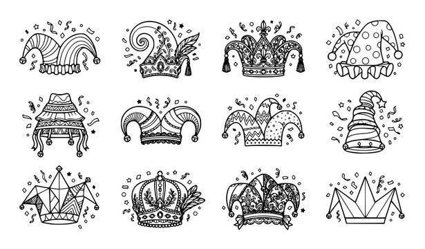 Jester Hat Line Art Confetti Pack Featuring Crown Bell Feather Geometric And Striped Carnival Costume Hat Designs
