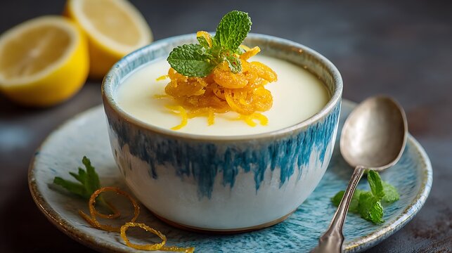 Fresh lemon pudding in a ceramic ramekin garnished with candied lemon peel